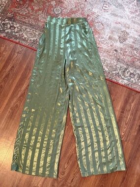 Satin Stripe Wide-Leg Pants — Green